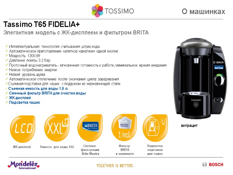 Tassimo T65 FIDELIA+ Элегантная модель с ЖК-дисплеем и фильтром BRITA О машинках  